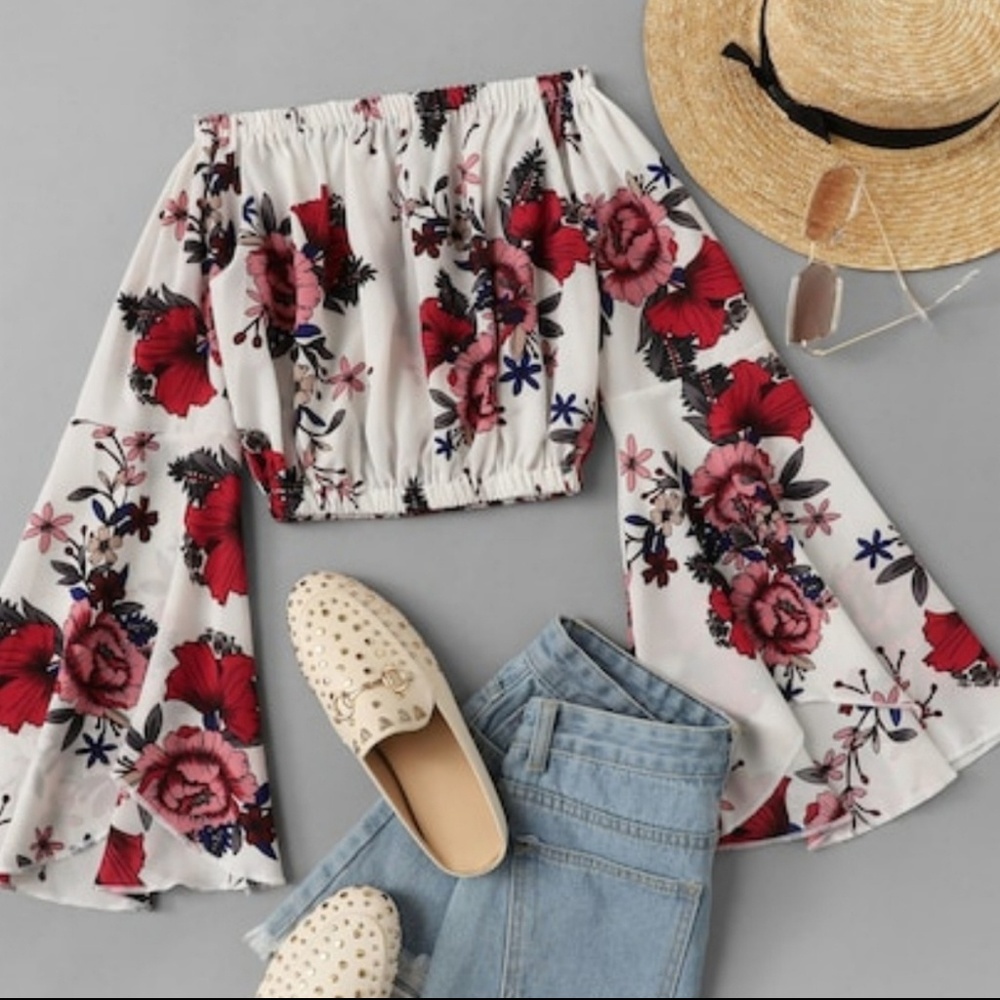 Off shoulder floral bell sleeve top